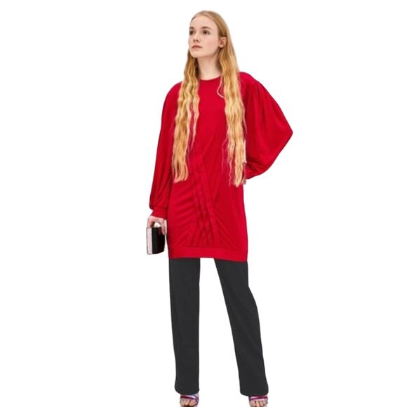 ZARA Red Pleated Tunic Dress Long Bishop Sleeves Shift - Picture 2 of 11